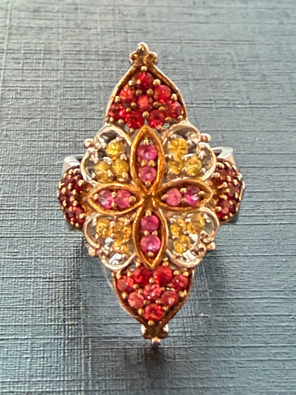 Gold-Tone Floral Multi-Gemstone Ring in Red, Pink & Yellow on sterling silver